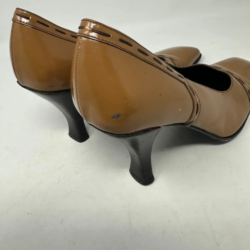 FABI Square Toe Pumps Womens 38 Tan Patent Leather Made in Italy Fair Whipstitch